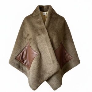 Burberry Faux Fur Shawl with Faux Leather Piping and Pockets - Camel